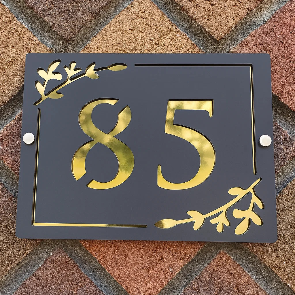 HOUSE SIGN ADDRESS CUSTOM SIGN LASER CUT ACRYLIC LEAF SCREWS NUMBER PLAQUE