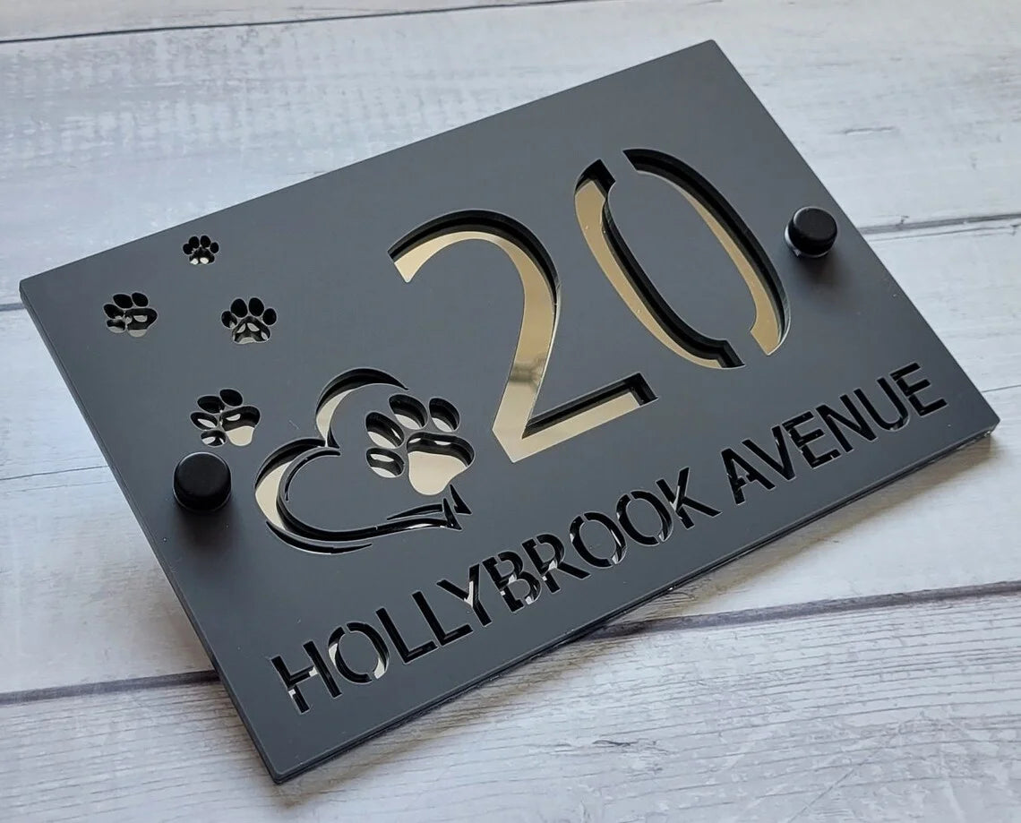 CUSTOM MODERN ACRYLIC HOUSE NUMBER STREET ADDRESS SIGN PAWS HEART PET SIGN