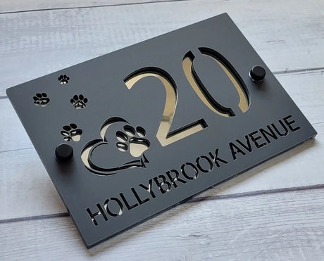 CUSTOM MODERN ACRYLIC HOUSE NUMBER STREET ADDRESS SIGN PAWS HEART PET SIGN
