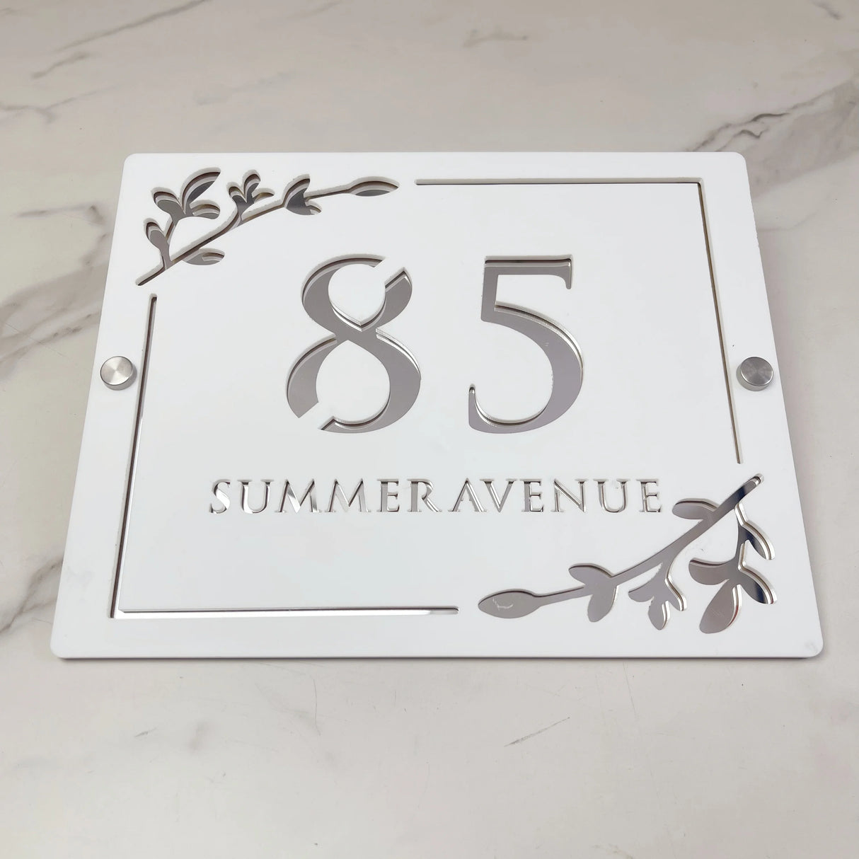 HOUSE SIGN ADDRESS CUSTOM SIGN LASER CUT ACRYLIC LEAF SCREWS NUMBER PLAQUE