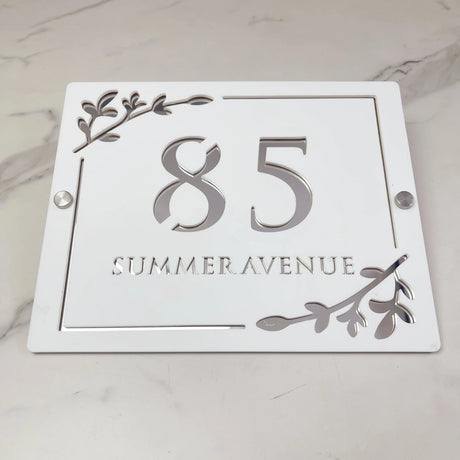 HOUSE SIGN ADDRESS CUSTOM SIGN LASER CUT ACRYLIC LEAF SCREWS NUMBER PLAQUE