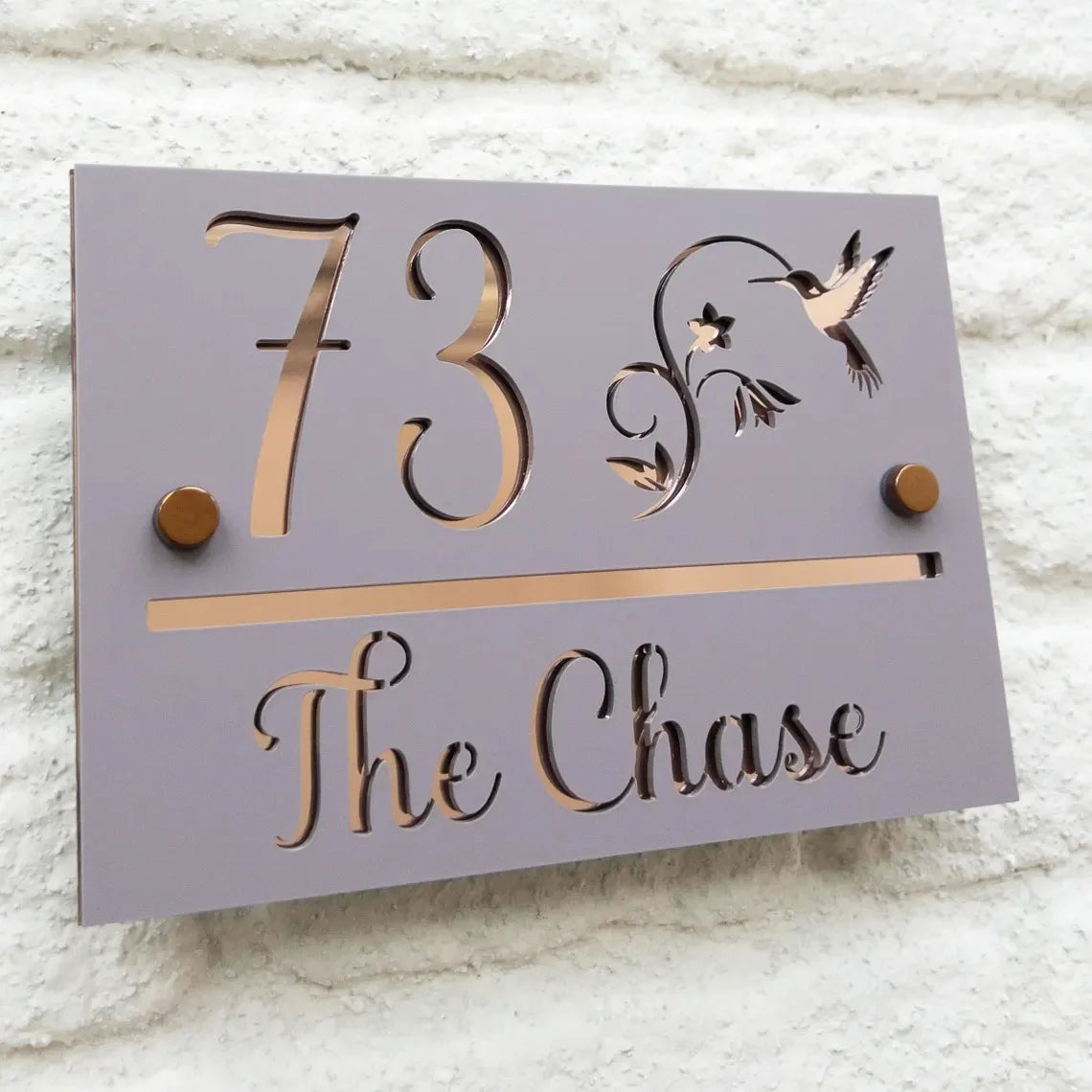 CUSTOM HOUSE SIGN NUMBER STREET SIGN HUMMINGBIRD MIRROR BACK ACRYLIC ADDRESS DOOR WALL PLAQUE