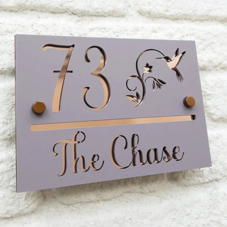 CUSTOM HOUSE SIGN NUMBER STREET SIGN HUMMINGBIRD MIRROR BACK ACRYLIC ADDRESS DOOR WALL PLAQUE