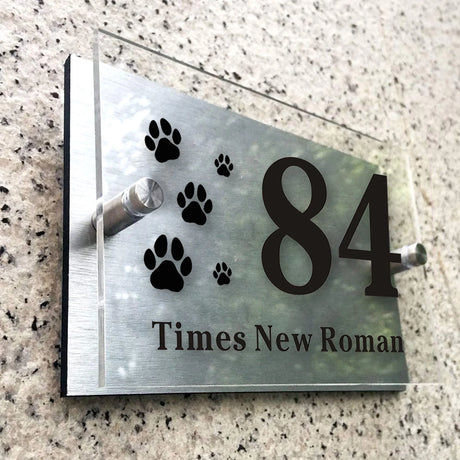 HOUSE SIGN ADDRESS MODERN SILVER ACRYLIC ALUMINIUM CAT HOUSE PAWS FLOWER NUMBER LASER CUT