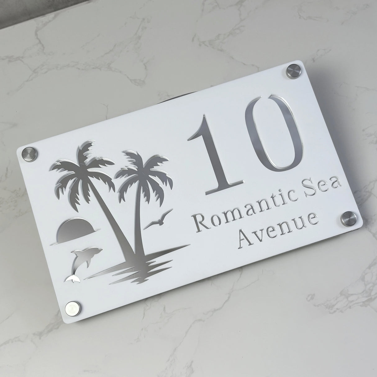 CUSTOM ISLAND PALM TREE SUNRISE DOLPHIN ACRYLIC HOUSE NUMBER SIGN SILVER SCREWS