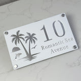 CUSTOM ISLAND PALM TREE SUNRISE DOLPHIN ACRYLIC HOUSE NUMBER SIGN SILVER SCREWS