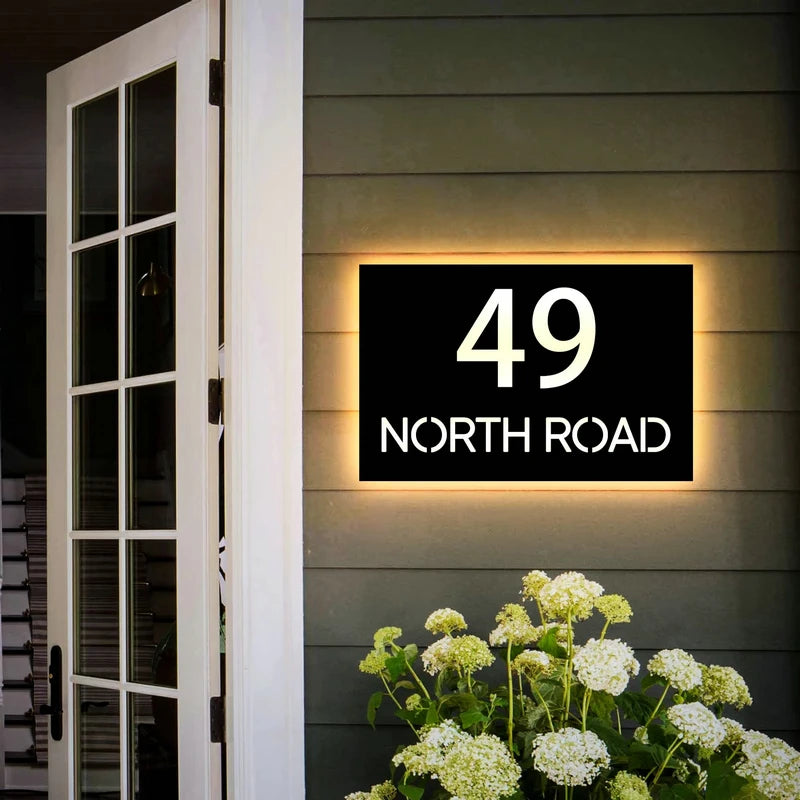 Custom LED House Number Sign | Black Stainless Steel Backlit Plaque