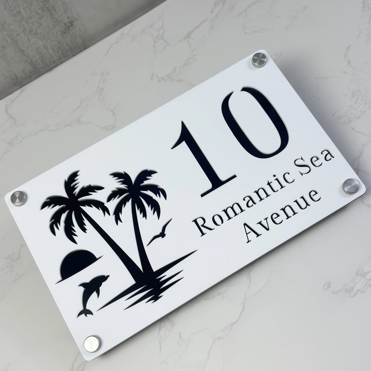 CUSTOM ISLAND PALM TREE SUNRISE DOLPHIN ACRYLIC HOUSE NUMBER SIGN SILVER SCREWS