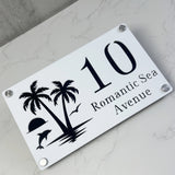 CUSTOM ISLAND PALM TREE SUNRISE DOLPHIN ACRYLIC HOUSE NUMBER SIGN SILVER SCREWS