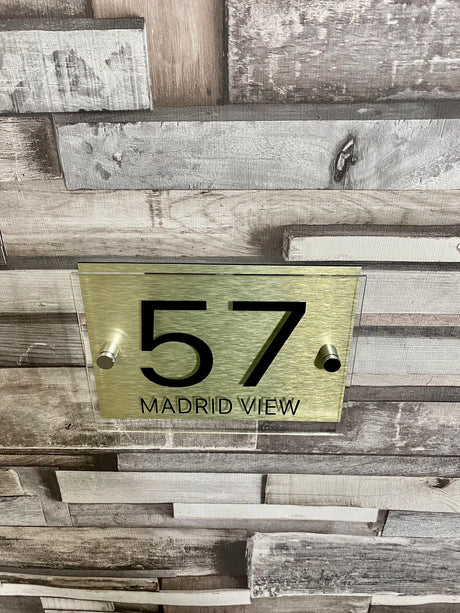 CUSTOM HOUSE SIGN GOLD NUMBER STREET SIGN GLASS EFFECT ACRYLIC ADDRESS DOOR WALL PLAQUE