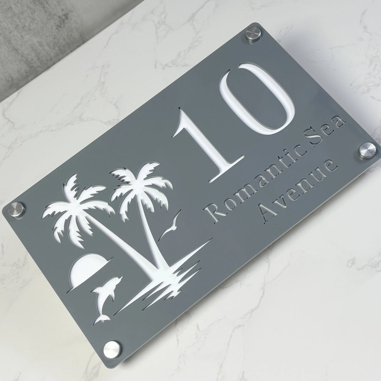 CUSTOM ISLAND PALM TREE SUNRISE DOLPHIN ACRYLIC HOUSE NUMBER SIGN SILVER SCREWS