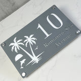 CUSTOM ISLAND PALM TREE SUNRISE DOLPHIN ACRYLIC HOUSE NUMBER SIGN SILVER SCREWS