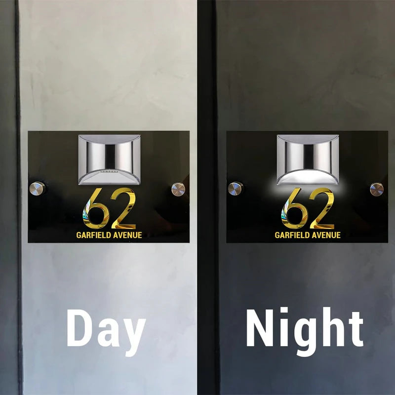 LED SOLAR RECTANGLE BLACK GOLD CUSTOM HOUSE SIGN NUMBER STREET SIGN ACRYLIC ADDRESS DOOR WALL PLAQUE