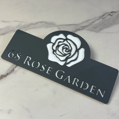 HOUSE SIGN ADDRESS CUSTOM SIGN FLOWER ROSE LASER CUT ACRYLIC NUMBER SILVER/ BLACK NAILS PLAQUE