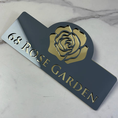 HOUSE SIGN ADDRESS CUSTOM SIGN FLOWER ROSE LASER CUT ACRYLIC NUMBER SILVER/ BLACK NAILS PLAQUE