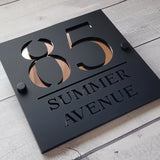 HOUSE SIGN ADDRESS CUSTOM SIGN LASER CUT ACRYLIC BLACK SCREWS NUMBER PLAQUE