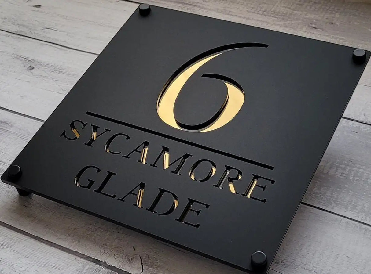 HOUSE SIGN ADDRESS CUSTOM SIGN LASER CUT ACRYLIC BLACK SCREWS NUMBER PLAQUE