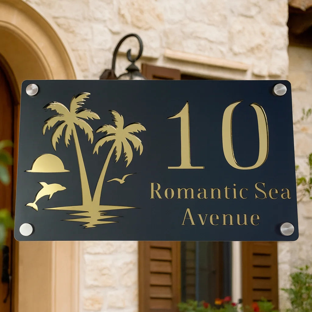 CUSTOM ISLAND PALM TREE SUNRISE DOLPHIN ACRYLIC HOUSE NUMBER SIGN SILVER SCREWS