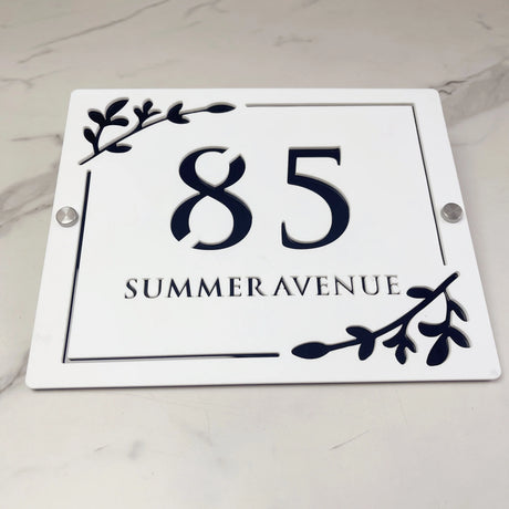 HOUSE SIGN ADDRESS CUSTOM SIGN LASER CUT ACRYLIC LEAF SCREWS NUMBER PLAQUE