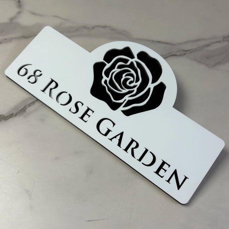 HOUSE SIGN ADDRESS CUSTOM SIGN FLOWER ROSE LASER CUT ACRYLIC NUMBER SILVER/ BLACK NAILS PLAQUE