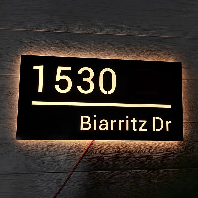 Custom LED House Number Sign | Black Stainless Steel Backlit Plaque