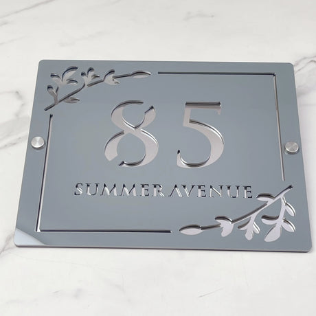 HOUSE SIGN ADDRESS CUSTOM SIGN LASER CUT ACRYLIC LEAF SCREWS NUMBER PLAQUE