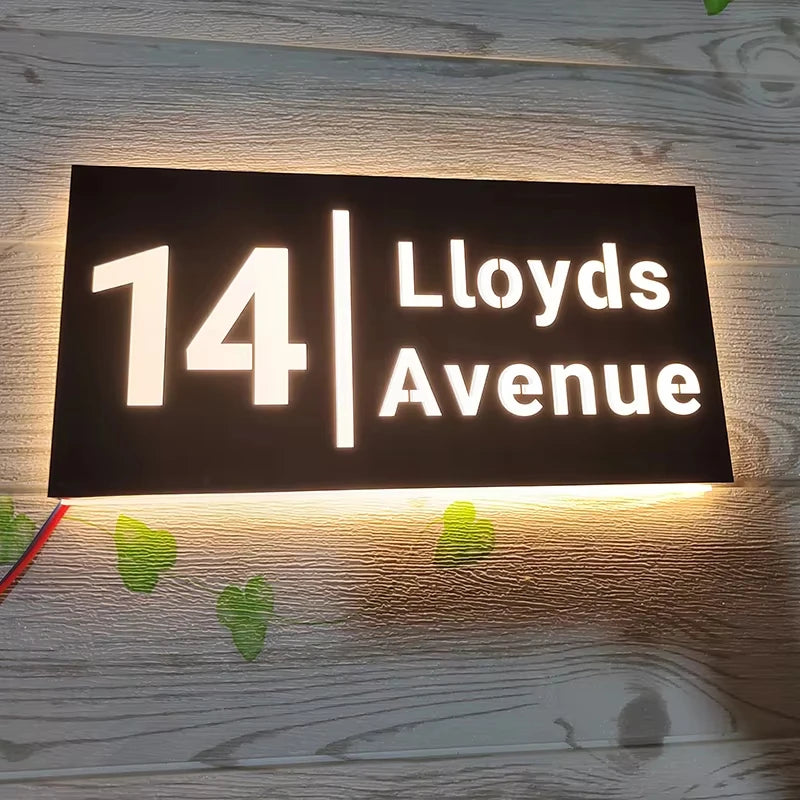 Custom LED House Number Sign | Black Stainless Steel Backlit Plaque