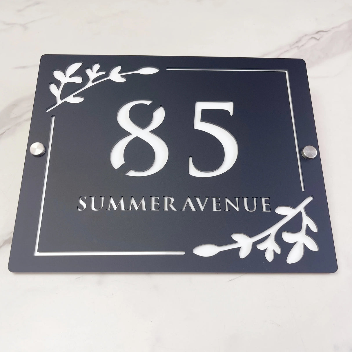 HOUSE SIGN ADDRESS CUSTOM SIGN LASER CUT ACRYLIC LEAF SCREWS NUMBER PLAQUE