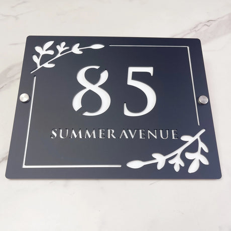 HOUSE SIGN ADDRESS CUSTOM SIGN LASER CUT ACRYLIC LEAF SCREWS NUMBER PLAQUE