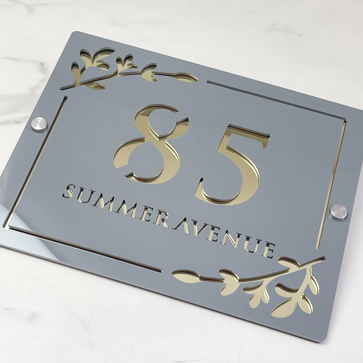 HOUSE SIGN ADDRESS CUSTOM SIGN LASER CUT ACRYLIC LEAF SCREWS NUMBER PLAQUE