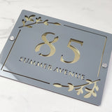 HOUSE SIGN ADDRESS CUSTOM SIGN LASER CUT ACRYLIC LEAF SCREWS NUMBER PLAQUE