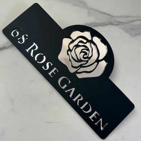 HOUSE SIGN ADDRESS CUSTOM SIGN FLOWER ROSE LASER CUT ACRYLIC NUMBER SILVER/ BLACK NAILS PLAQUE