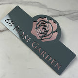 HOUSE SIGN ADDRESS CUSTOM SIGN FLOWER ROSE LASER CUT ACRYLIC NUMBER SILVER/ BLACK NAILS PLAQUE