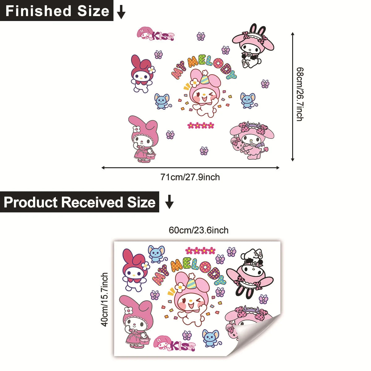 HELLO KITTY MY MELODY KUROMI PINK PURPLE WALL STICKER MURAL ART Decal