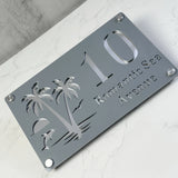 CUSTOM ISLAND PALM TREE SUNRISE DOLPHIN ACRYLIC HOUSE NUMBER SIGN SILVER SCREWS