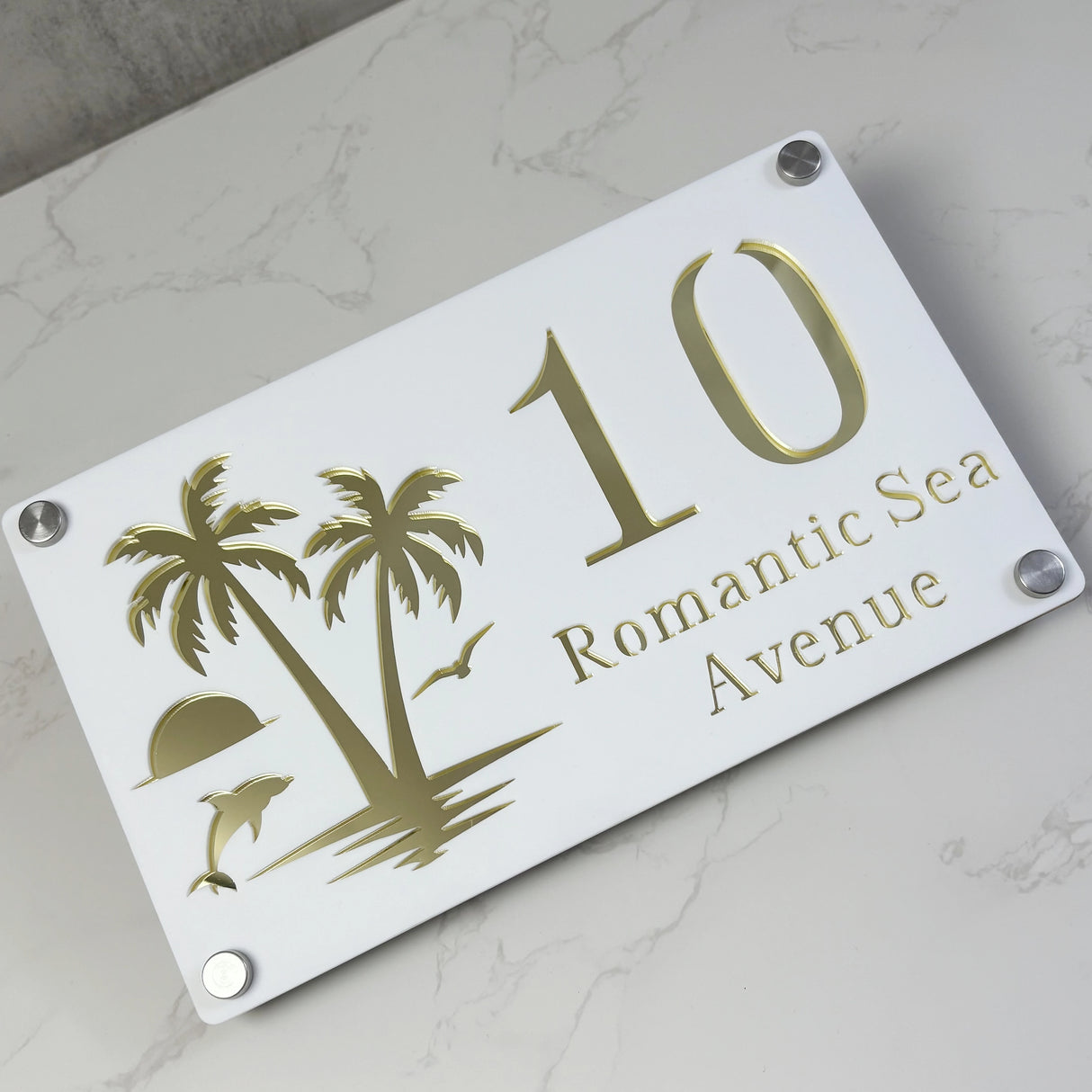 CUSTOM ISLAND PALM TREE SUNRISE DOLPHIN ACRYLIC HOUSE NUMBER SIGN SILVER SCREWS