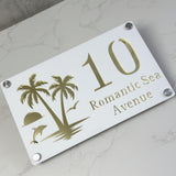 CUSTOM ISLAND PALM TREE SUNRISE DOLPHIN ACRYLIC HOUSE NUMBER SIGN SILVER SCREWS
