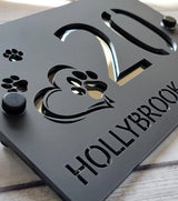 CUSTOM MODERN ACRYLIC HOUSE NUMBER STREET ADDRESS SIGN PAWS HEART PET SIGN
