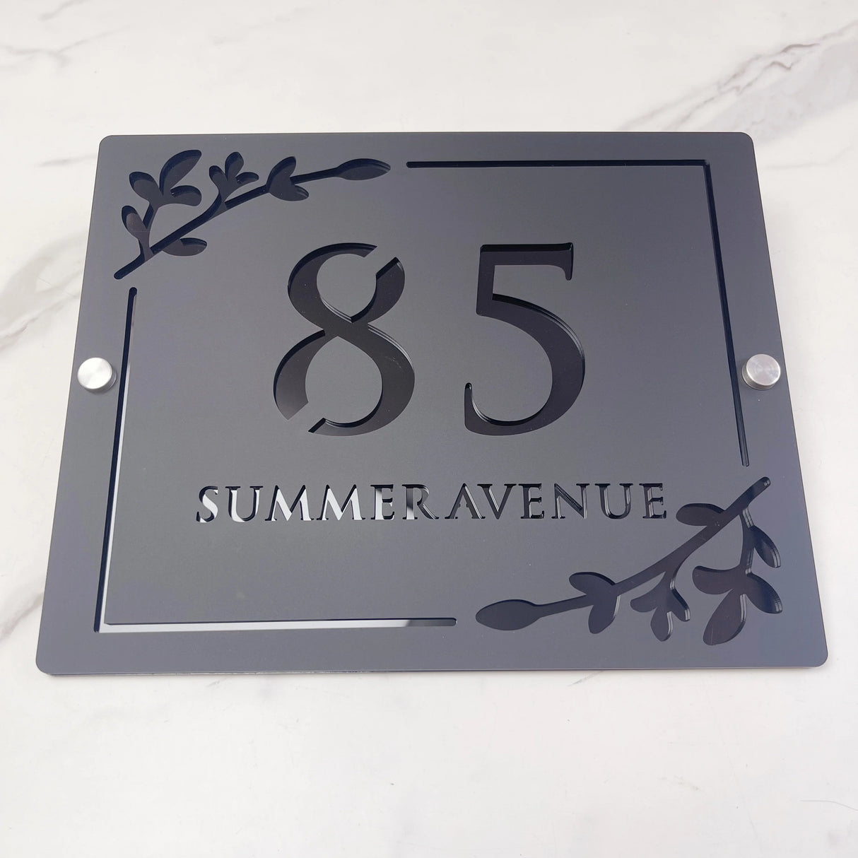 HOUSE SIGN ADDRESS CUSTOM SIGN LASER CUT ACRYLIC LEAF SCREWS NUMBER PLAQUE
