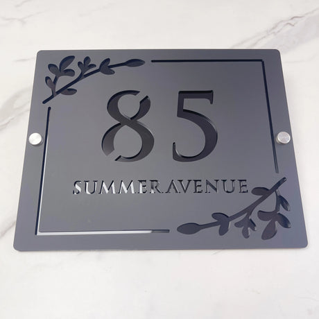 HOUSE SIGN ADDRESS CUSTOM SIGN LASER CUT ACRYLIC LEAF SCREWS NUMBER PLAQUE