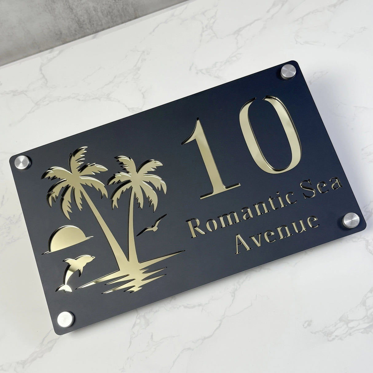 CUSTOM ISLAND PALM TREE SUNRISE DOLPHIN ACRYLIC HOUSE NUMBER SIGN SILVER SCREWS