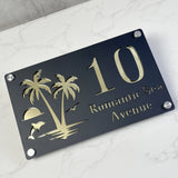 CUSTOM ISLAND PALM TREE SUNRISE DOLPHIN ACRYLIC HOUSE NUMBER SIGN SILVER SCREWS