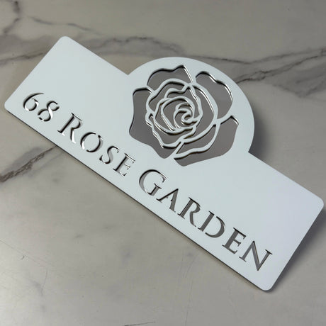 HOUSE SIGN ADDRESS CUSTOM SIGN FLOWER ROSE LASER CUT ACRYLIC NUMBER SILVER/ BLACK NAILS PLAQUE