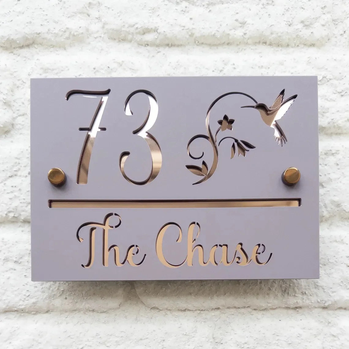 CUSTOM HOUSE SIGN NUMBER STREET SIGN HUMMINGBIRD MIRROR BACK ACRYLIC ADDRESS DOOR WALL PLAQUE