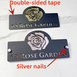 HOUSE SIGN ADDRESS CUSTOM SIGN FLOWER ROSE LASER CUT ACRYLIC NUMBER SILVER/ BLACK NAILS PLAQUE