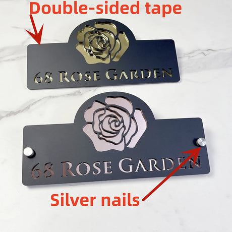 HOUSE SIGN ADDRESS CUSTOM SIGN FLOWER ROSE LASER CUT ACRYLIC NUMBER SILVER/ BLACK NAILS PLAQUE