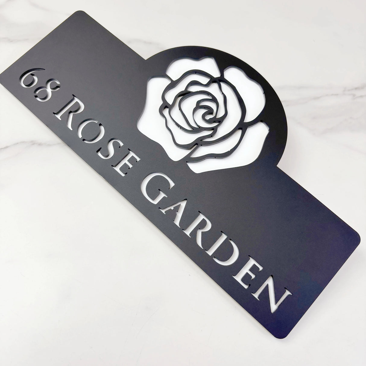 HOUSE SIGN ADDRESS CUSTOM SIGN FLOWER ROSE LASER CUT ACRYLIC NUMBER SILVER/ BLACK NAILS PLAQUE