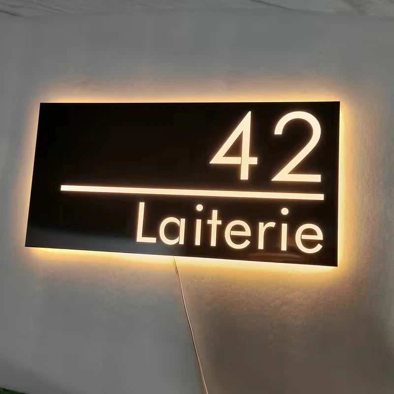 Custom LED House Number Sign | Black Stainless Steel Backlit Plaque