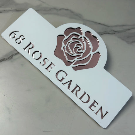 HOUSE SIGN ADDRESS CUSTOM SIGN FLOWER ROSE LASER CUT ACRYLIC NUMBER SILVER/ BLACK NAILS PLAQUE