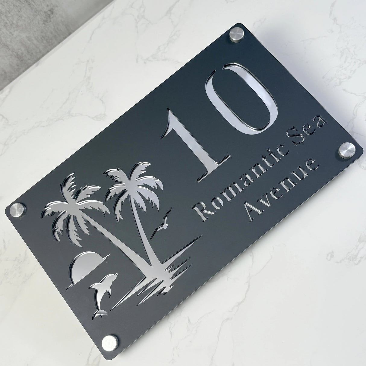 CUSTOM ISLAND PALM TREE SUNRISE DOLPHIN ACRYLIC HOUSE NUMBER SIGN SILVER SCREWS